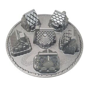 Nordic Ware Cozy Village Mini Buildings Cake Pan 6 Cups Heavy Aluminum Christmas